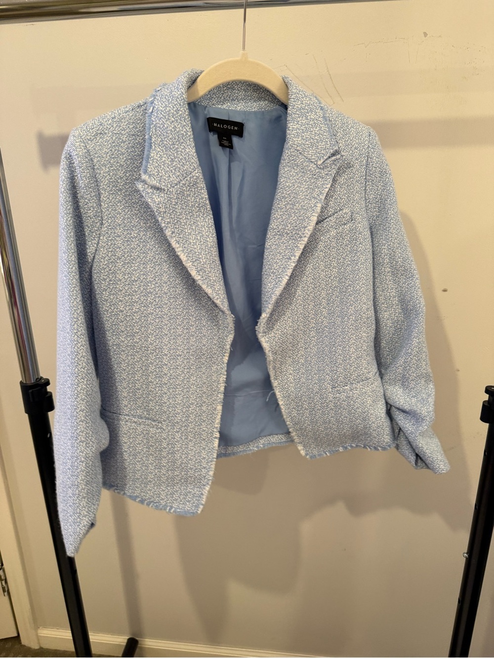 Halogen Light Blue Tweed Frayed-Hem Cropped Blazer